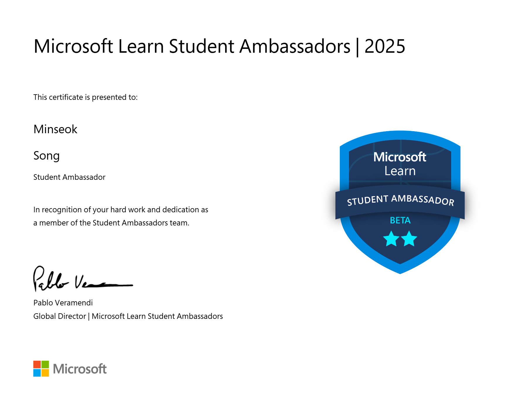 Microsoft Learn Student Ambassador Certificate